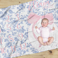 Fancy Bow Blue Toile Milestone Blanket