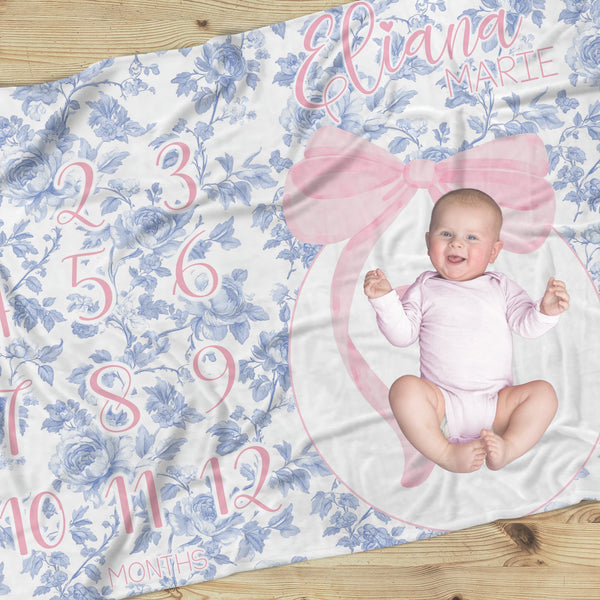 Fancy Bow Blue Toile Milestone Blanket