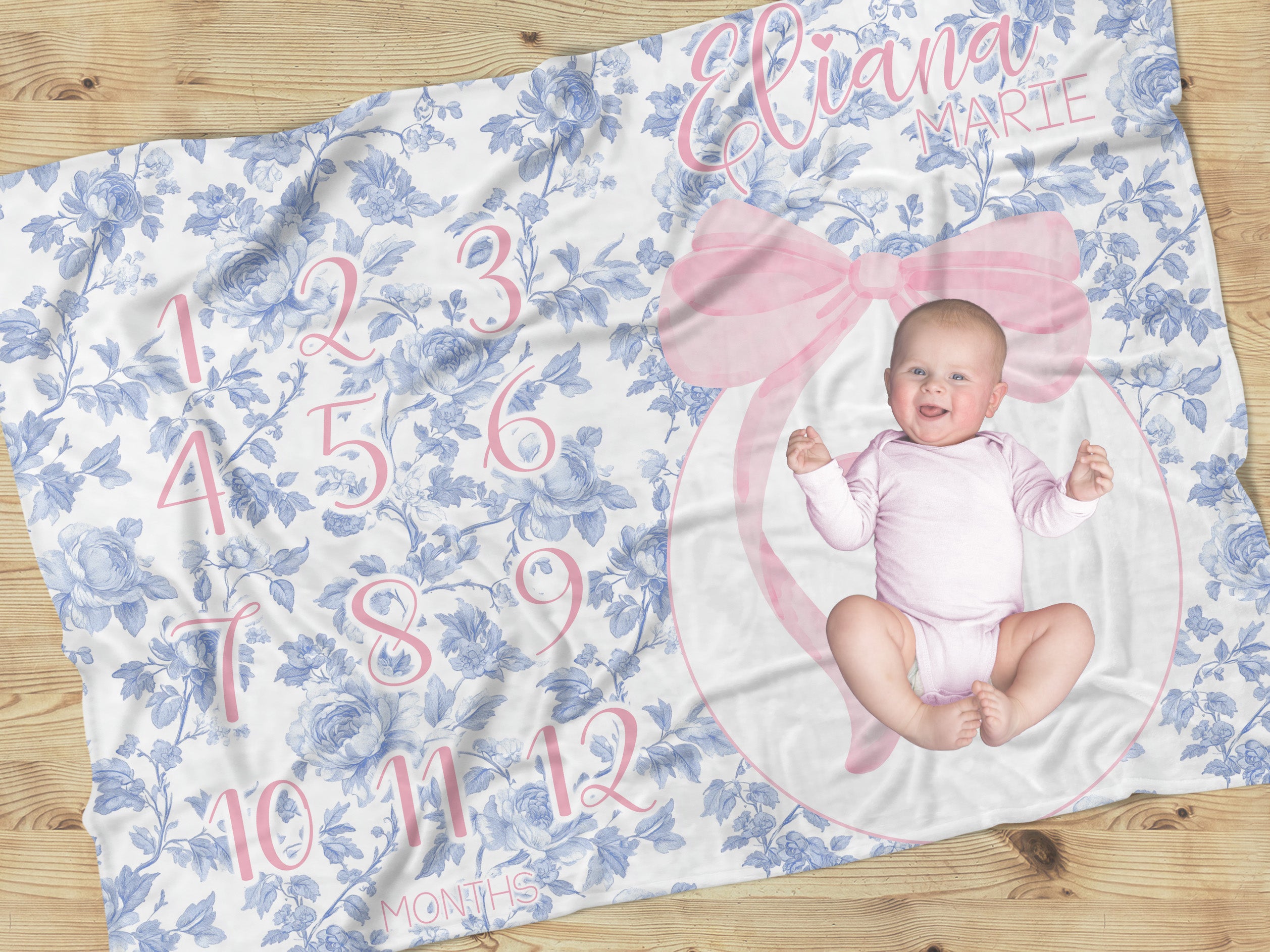 Fancy Bow Blue Toile Milestone Blanket