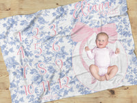 Fancy Bow Blue Toile Milestone Blanket