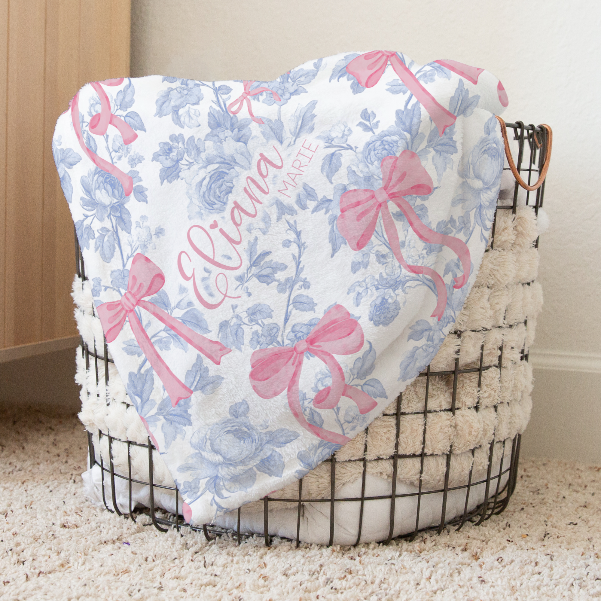 Fancy Bow Blue Toile Personalized Baby & Kids Blanket