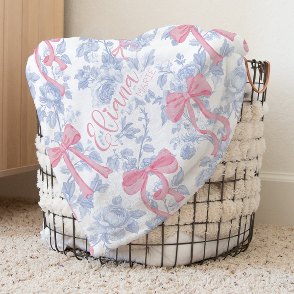 Fancy Bow Blue Toile Personalized Baby & Kids Blanket