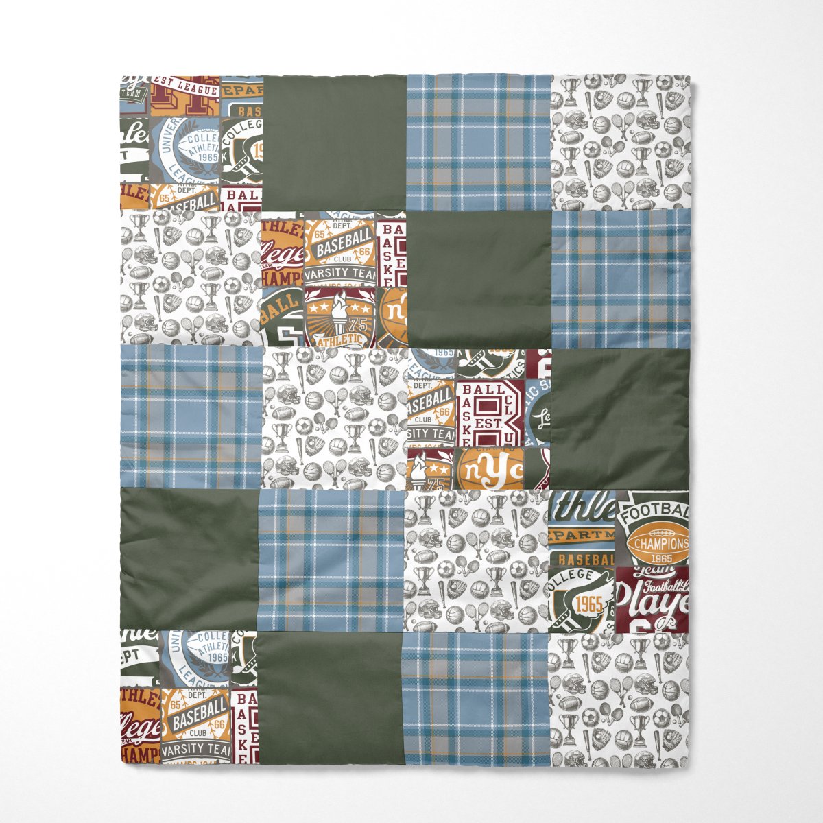 Organic Cotton Vintage Sports Faux Patchwork Solid Baby Quilt - gender_boy, Vintage Sports,