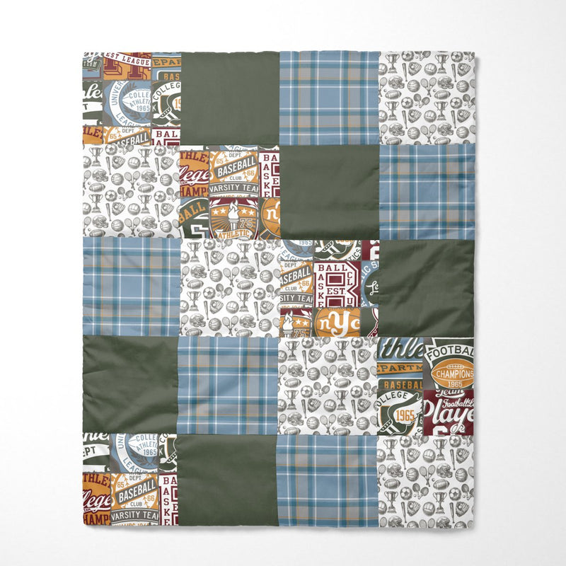 Organic Cotton Vintage Sports Faux Patchwork Solid Baby Quilt - gender_boy, Vintage Sports,