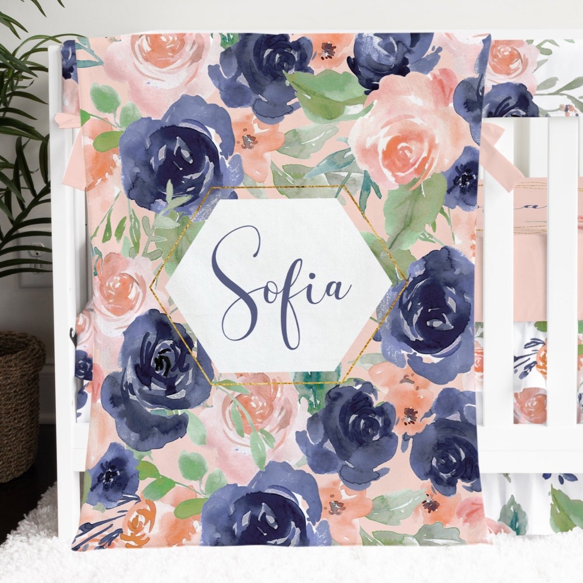 Peach & Navy Floral Personalized Minky Blanket - gender_girl, Peach & Navy Floral, Personalized_Yes
