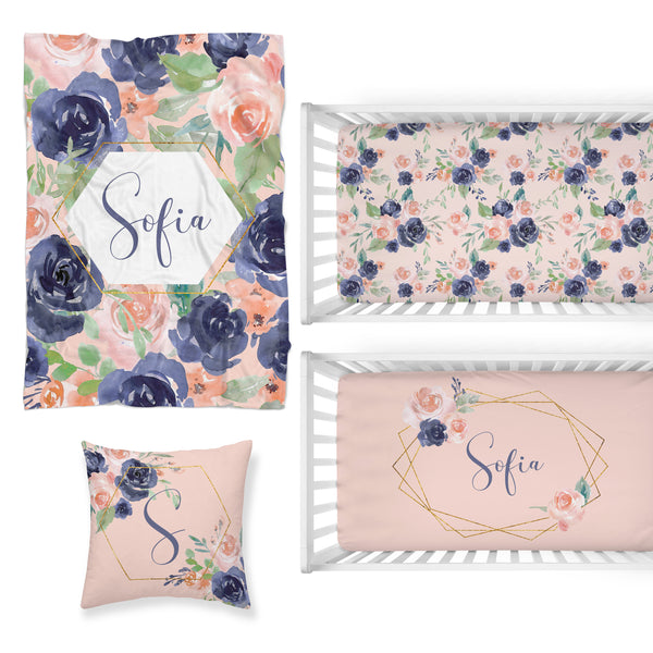 Peach & Navy Floral Nursery Starter Crib Bedding Set