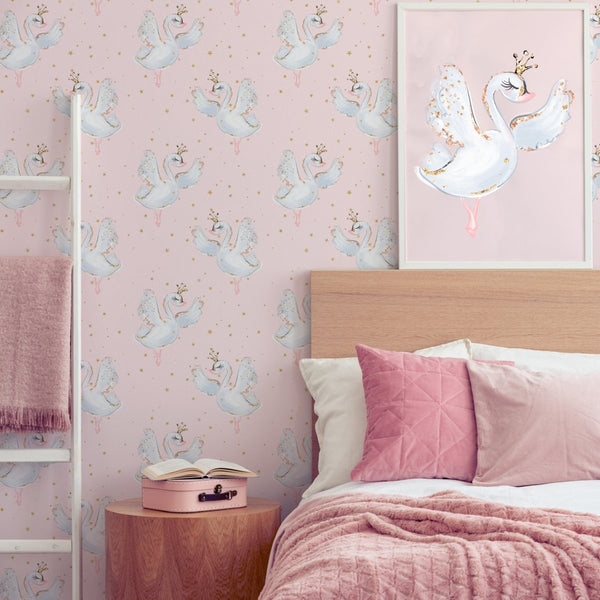 Pink & Gold Swan Peel & Stick Wallpaper - gender_girl, ,