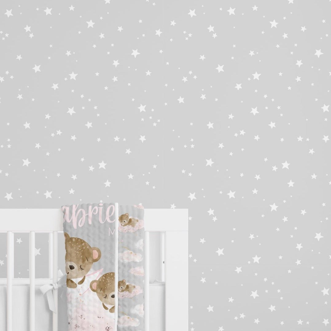 Pink Teddy Bear Gray Stars Peel & Stick Wallpaper - gender_girl, Pink Teddy Bear,