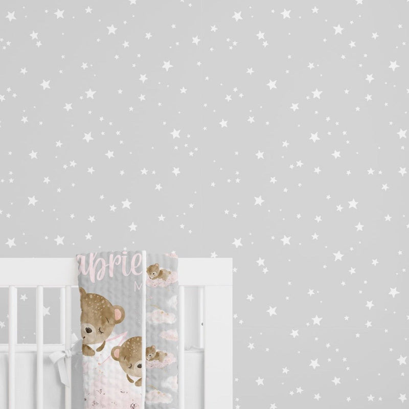 Pink Teddy Bear Gray Stars Peel & Stick Wallpaper - gender_girl, Pink Teddy Bear,