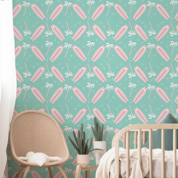 Preppy Surfer Palms Peel & Stick Wallpaper - boho dino, gender_girl, Theme_Ocean