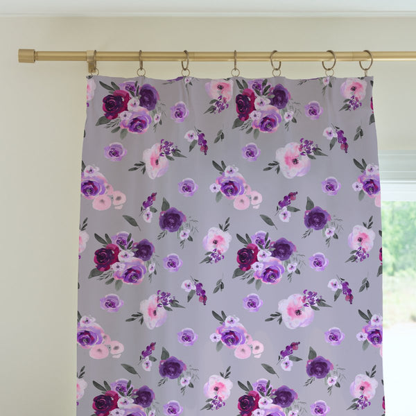 Purple Floral on Gray Curtain Panel - gender_girl, Purple Floral, Theme_Floral