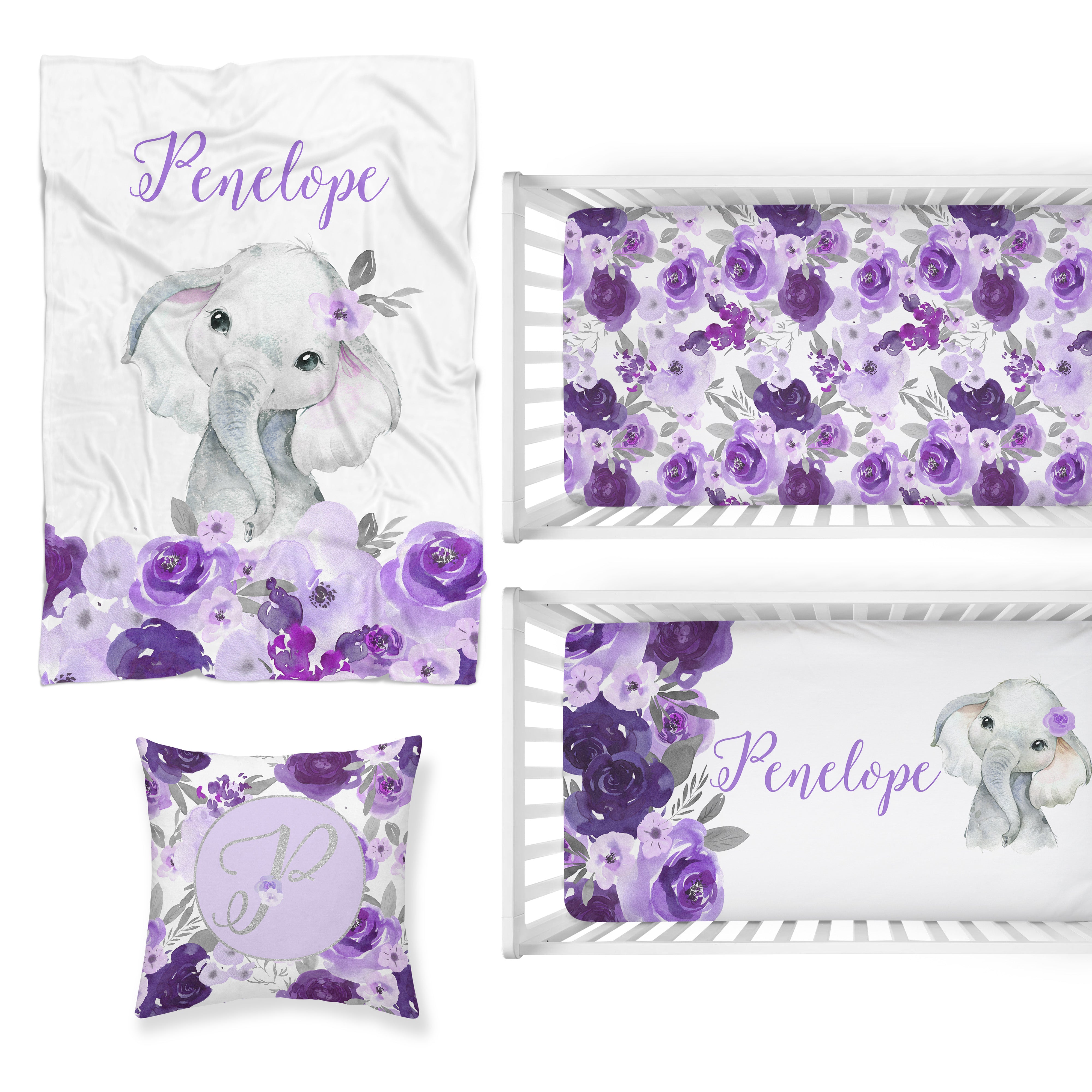 Purple Floral Elephant Nursery Starter Crib Bedding Set