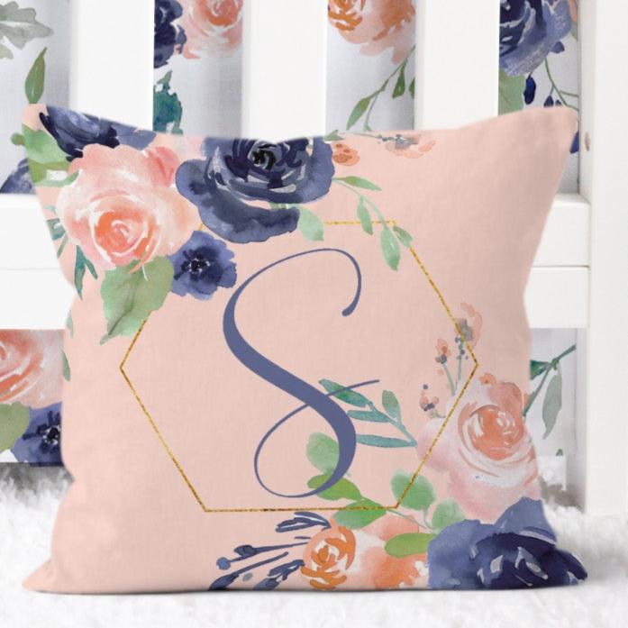 Peach & Navy Floral Personalized Kids Bedding Set (Comforter or Duvet Cover)