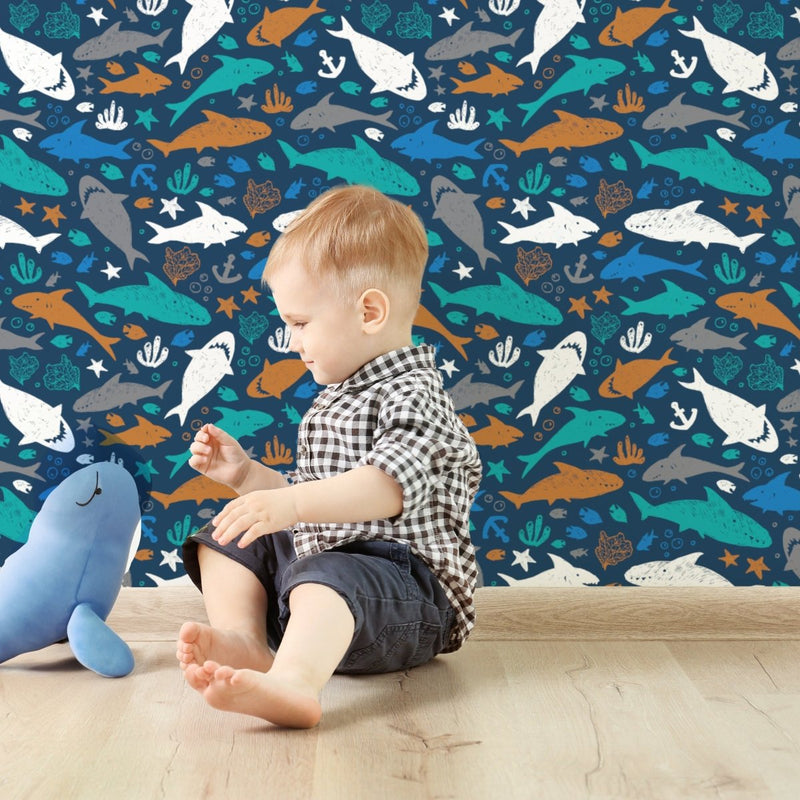 Shark Play Peel & Stick Wallpaper - gender_boy, Theme_Ocean,