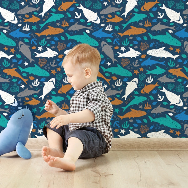 Shark Play Peel & Stick Wallpaper - gender_boy, Theme_Ocean,