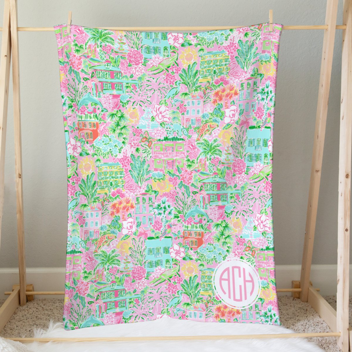 Southern Preppy Charleston Monogrammed Minky Blanket - gender_girl, Personalized_Yes, Southern Preppy