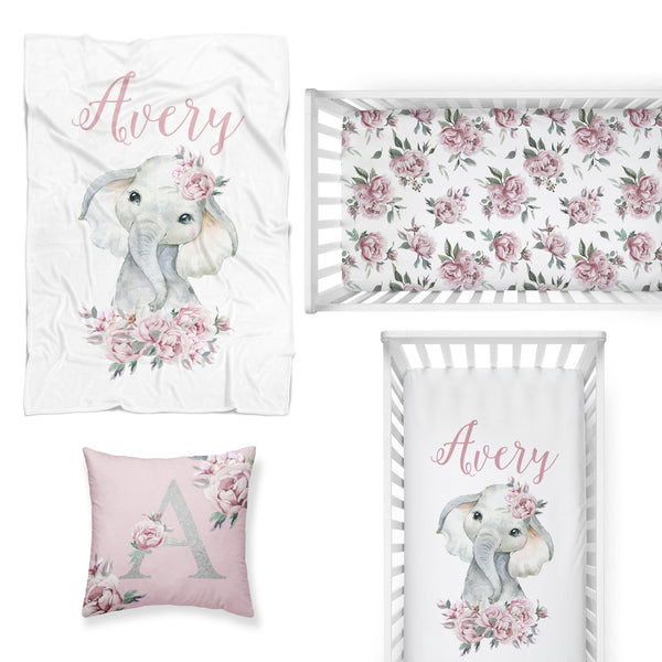 Floral Elephant Nursery Starter Crib Bedding Set