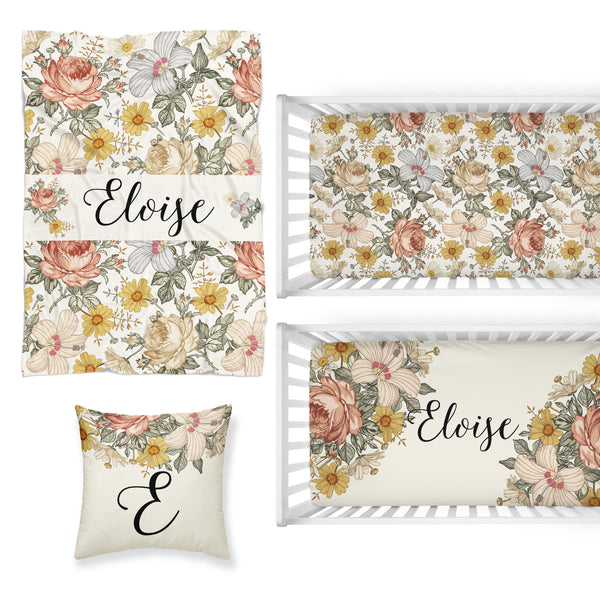 Vintage Earthy Floral Nursery Starter Crib Bedding Set