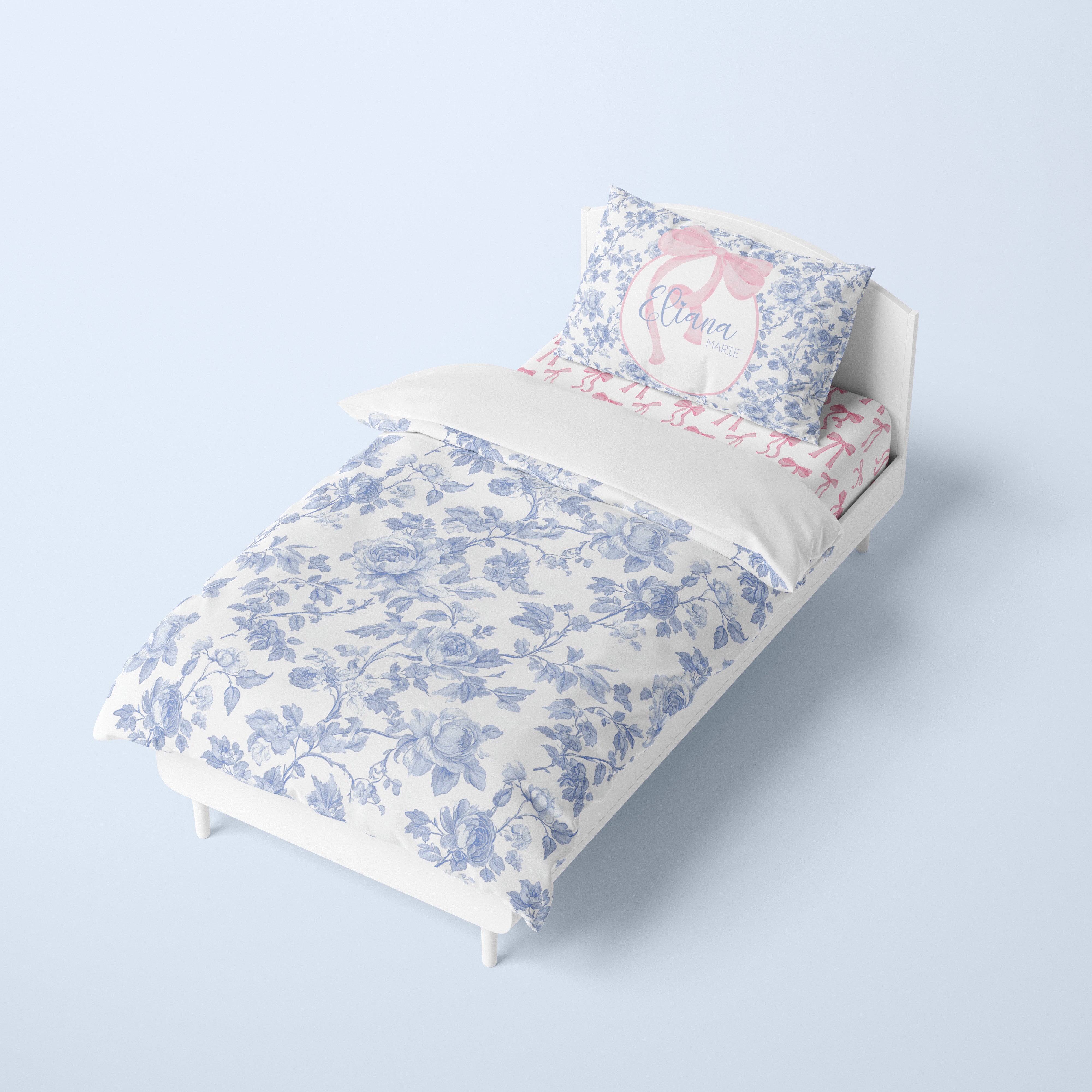 Fancy Bow Blue Toile Toddler Bedding Set (Comforter or Duvet Cover)