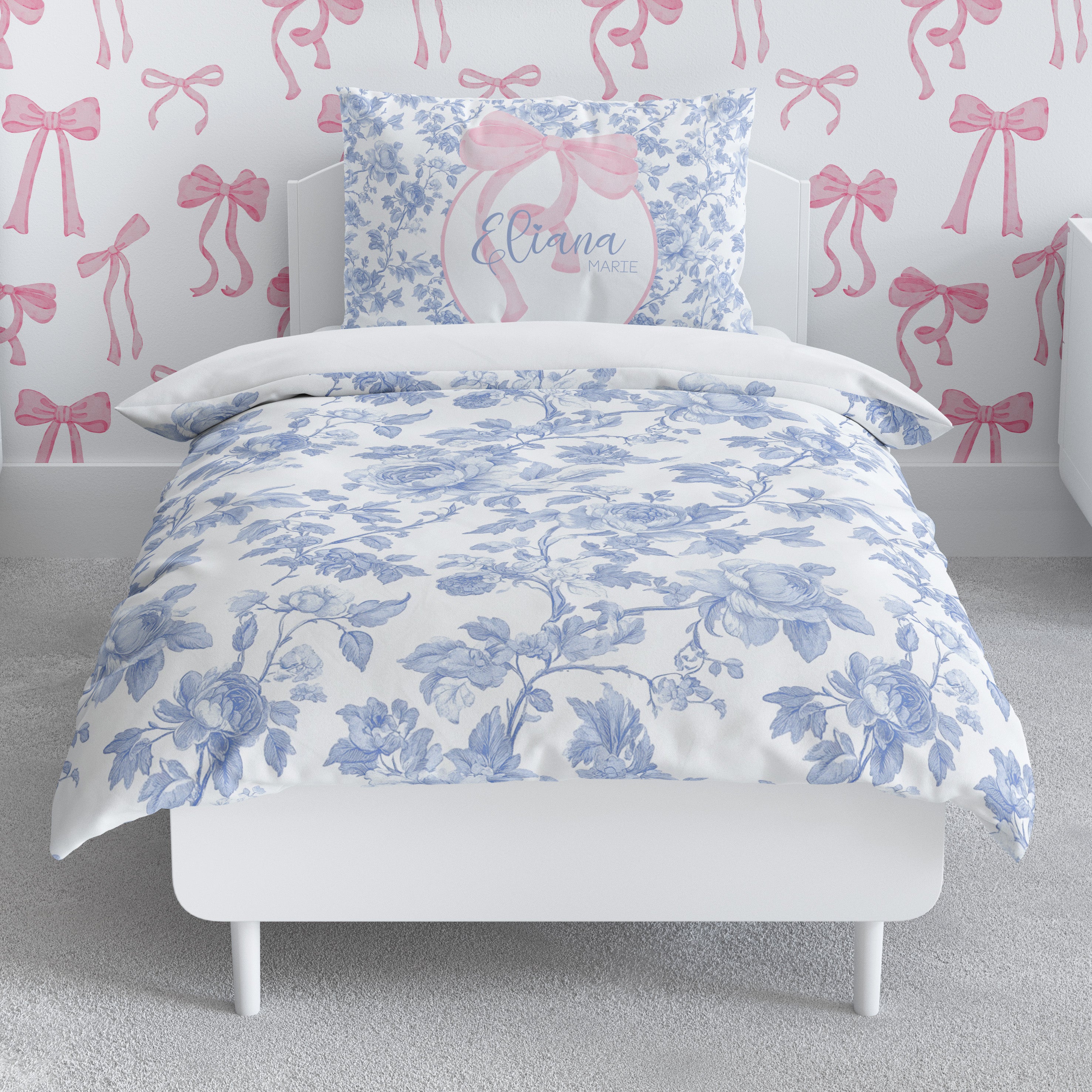 Fancy Bow Blue Toile Toddler Bedding Set (Comforter or Duvet Cover)
