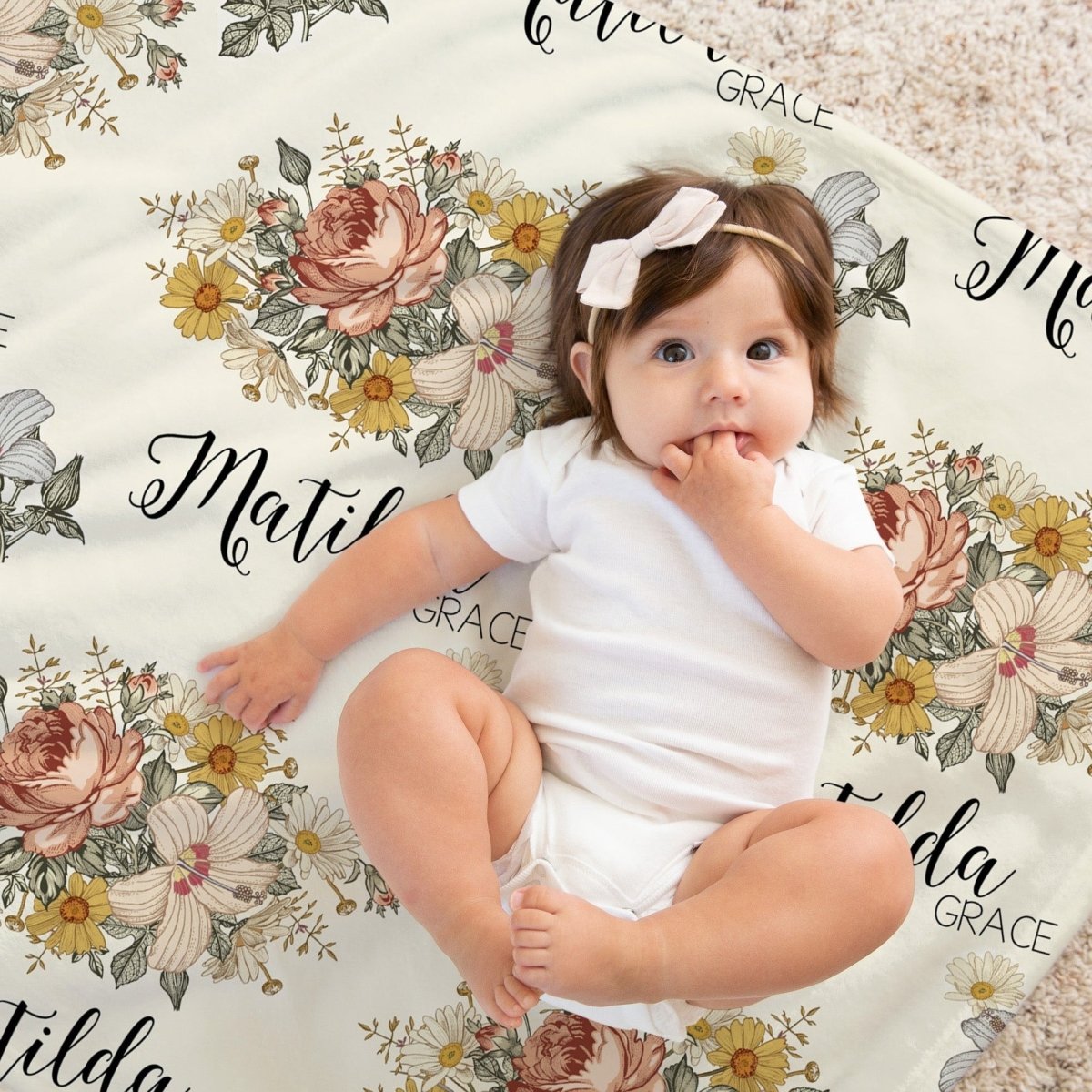 Vintage Earthy Floral Personalized Baby Blanket - gender_girl, Personalized_Yes, Pink and Navy Petals