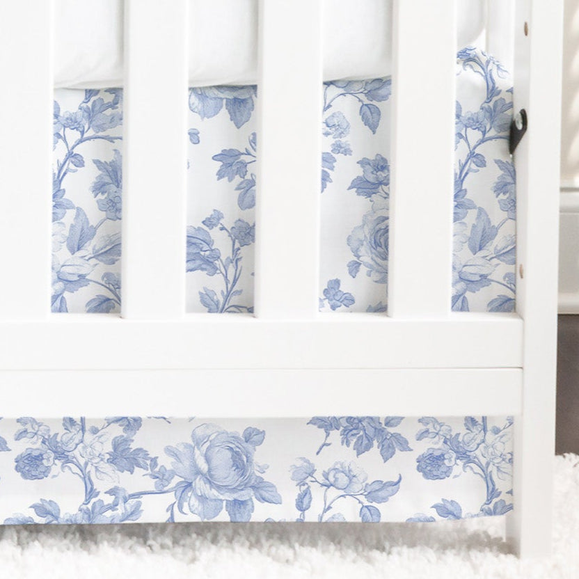 Fancy Bow Blue Toile Crib Skirt