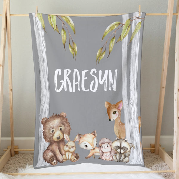 Woodland Friends Personalized Minky Blanket - gender_boy, Personalized_Yes, text