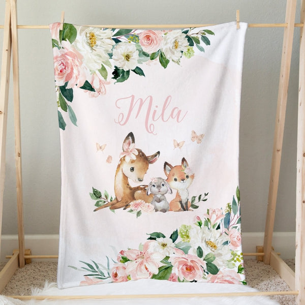 Woodland Meadows Personalized Minky Blanket - gender_girl, Personalized_Yes, text