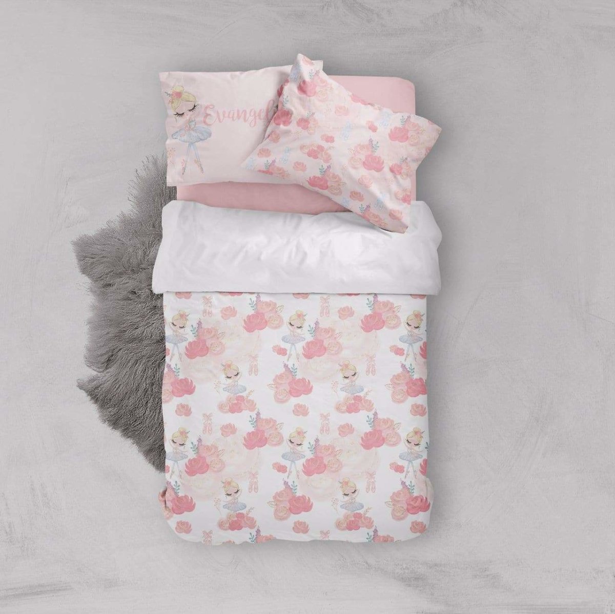 Ballerina Kids Bedding Set (Comforter or Duvet Cover) - Ballerina Blooms, text,