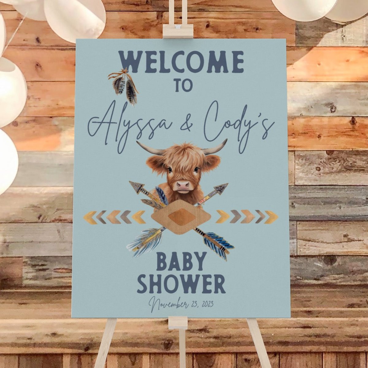 Blue Highland Cow Baby Shower Welcome Sign - Blue Highland Cow, gender_boy, text