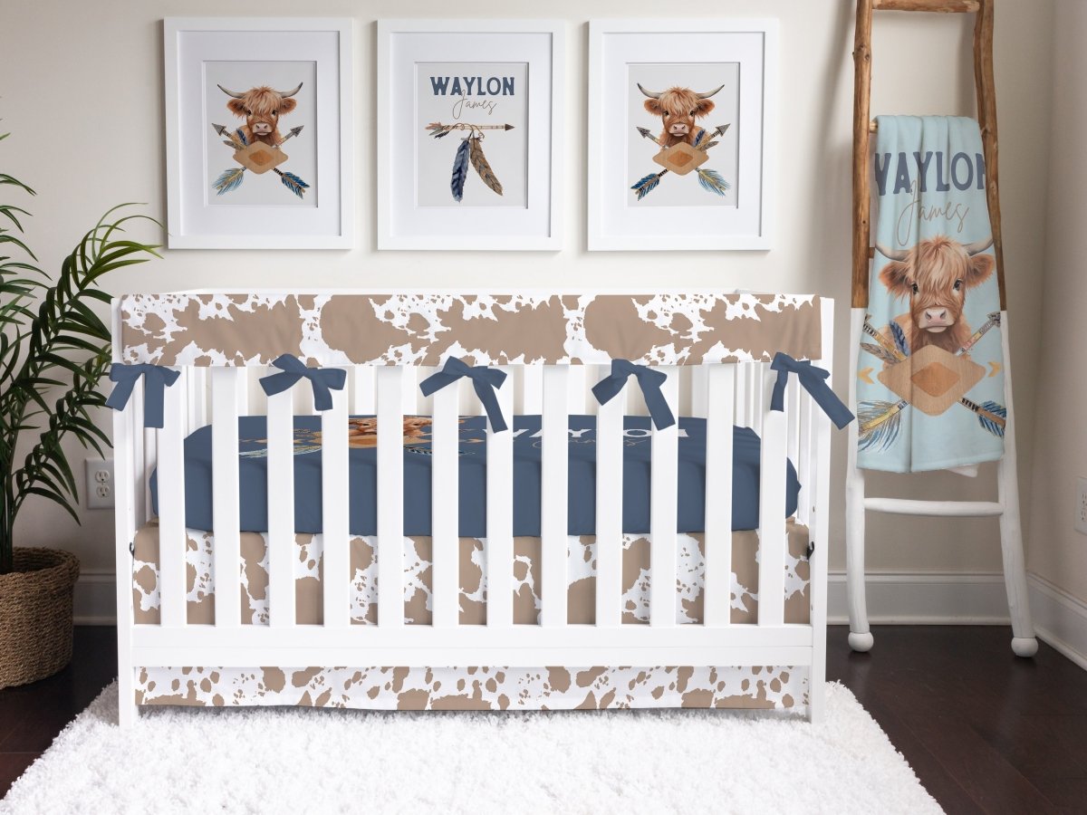 Blue Highland Cow Cowhide Personalized Crib Bedding - Blue Highland Cow, gender_boy, text