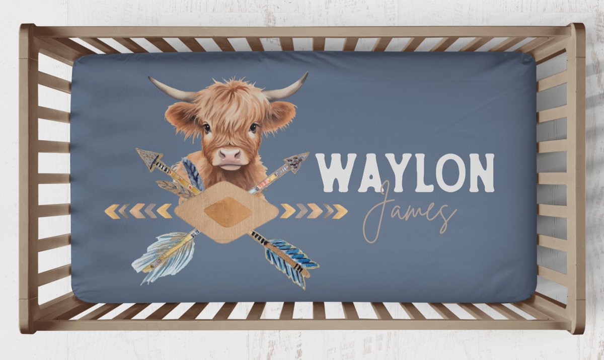 Blue Highland Cow Cowhide Personalized Crib Bedding - Blue Highland Cow, gender_boy, text