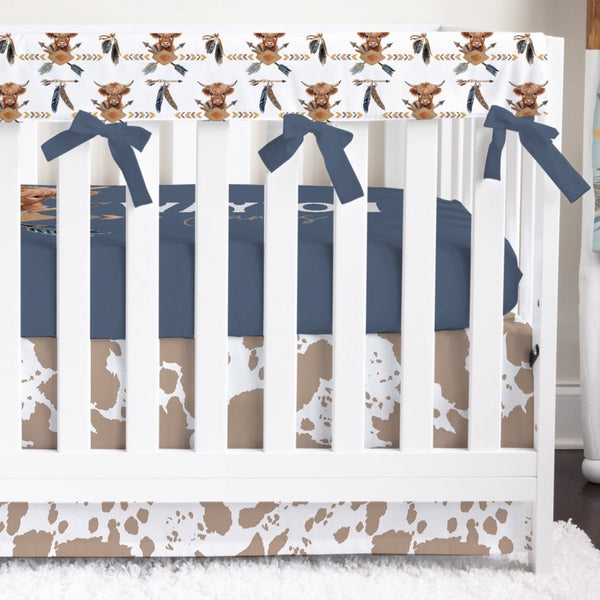 Blue Highland Cow & Cowhide Personalized Crib Bedding - Blue Highland Cow, gender_boy, text