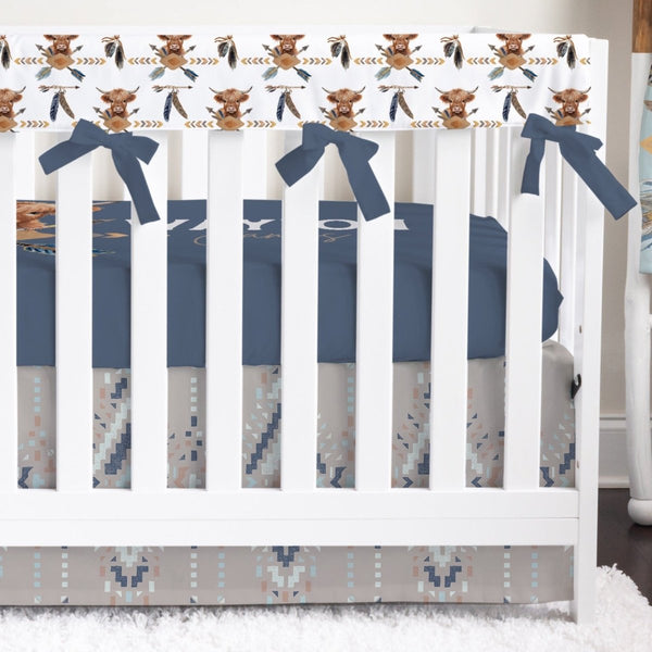 Blue Highland Cow & Ikat Personalized Crib Bedding - Blue Highland Cow, gender_boy, text