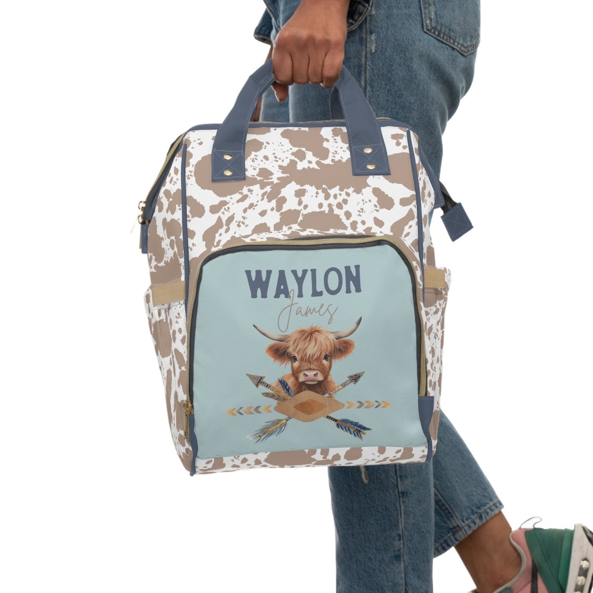 Blue Highland Cow Personalized Backpack Diaper Bag - Blue Highland Cow, gender_boy, text