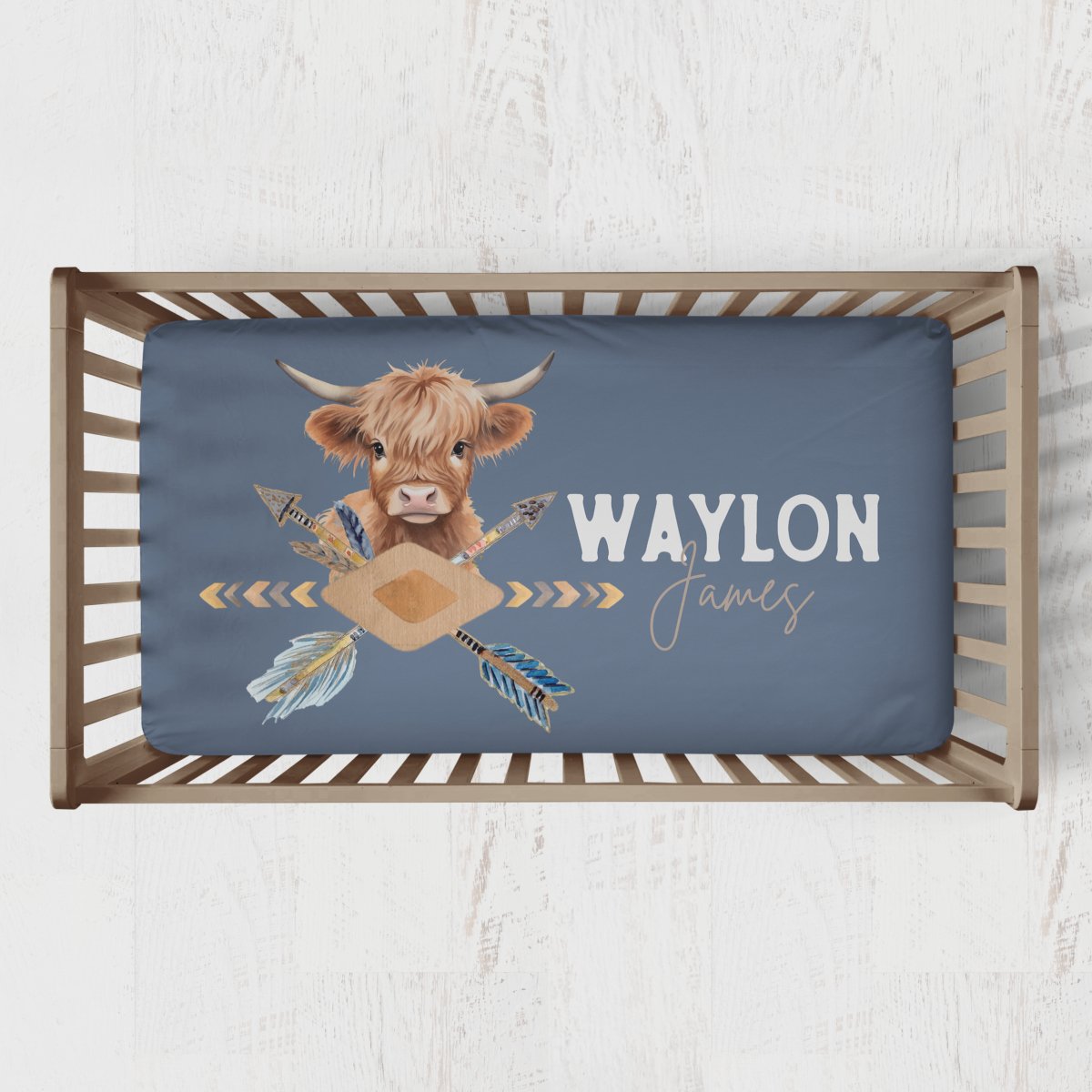 Blue Highland Cow Personalized Crib Sheet - gender_boy, Personalized_Yes, text