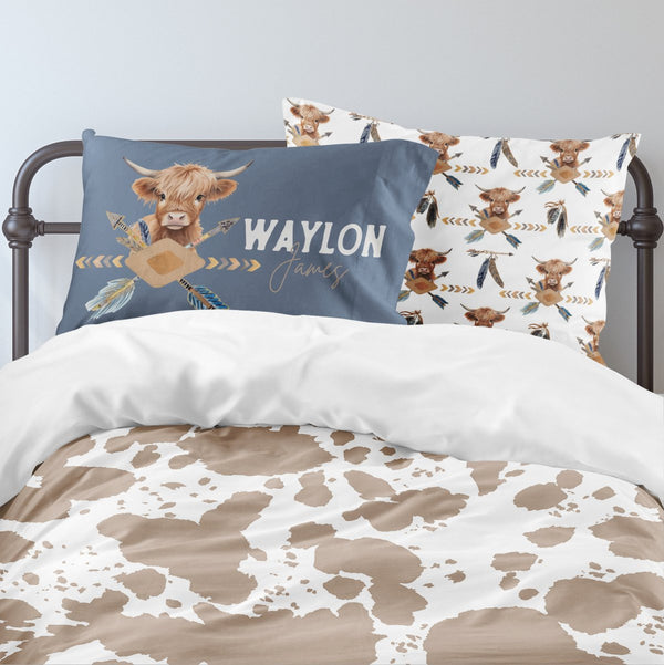 Blue Highland Cow Personalized Kids Bedding Set (Comforter or Duvet Cover) - Blue Highland Cow, gender_boy, text