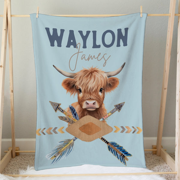 Blue Highland Cow Personalized Minky Blanket - Blue Highland Cow, gender_boy, Personalized_Yes
