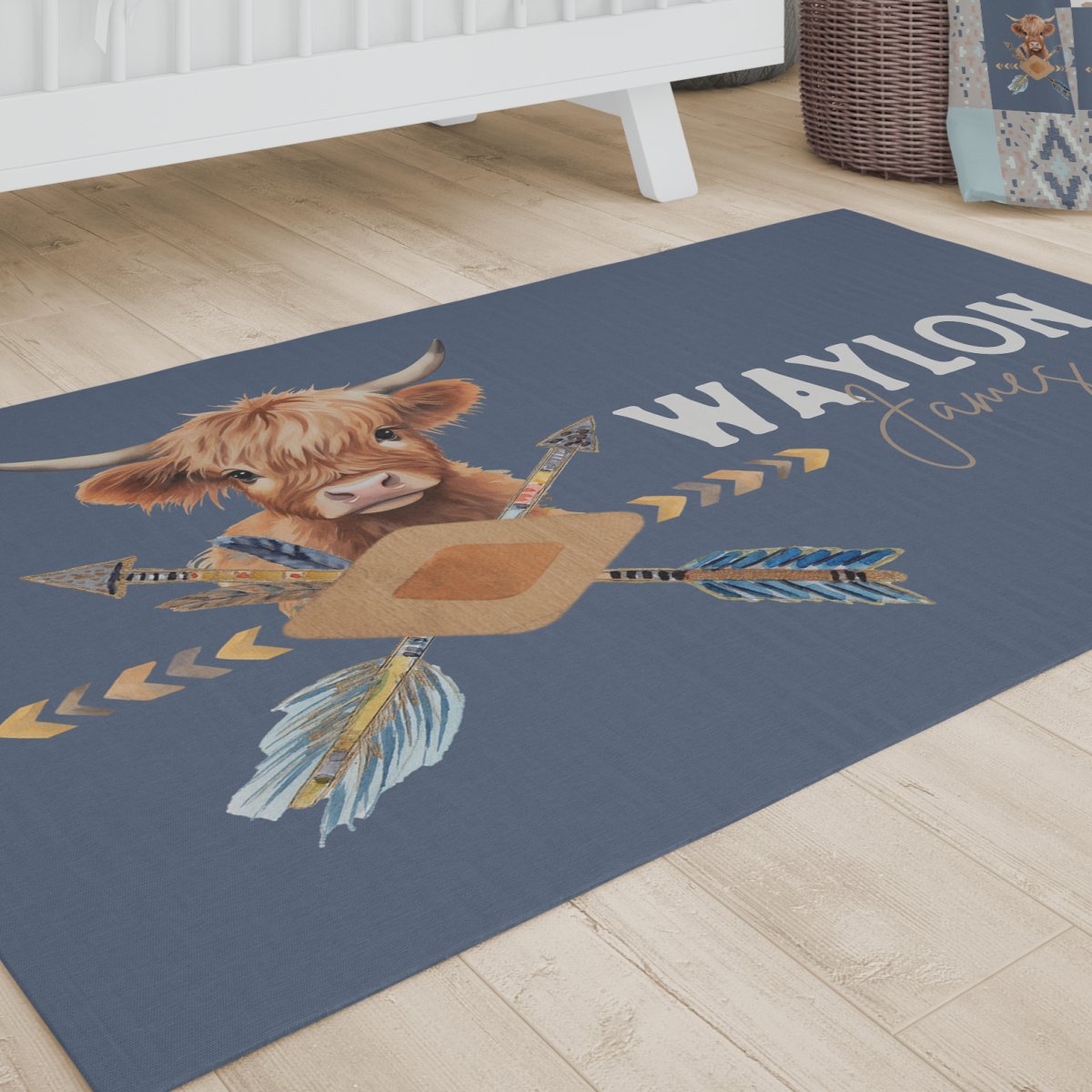 Blue Highland Cow Personalized Nursery Rug - Blue Highland Cow, gender_boy, text