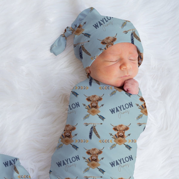 Blue Highland Cow Personalized Swaddle Blanket Set - Blue Highland Cow, gender_boy, text