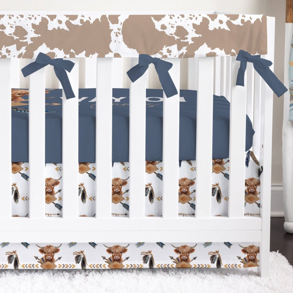 Blue Highland Cowhide & Cow Personalized Crib Bedding - Blue Highland Cow, gender_boy, text