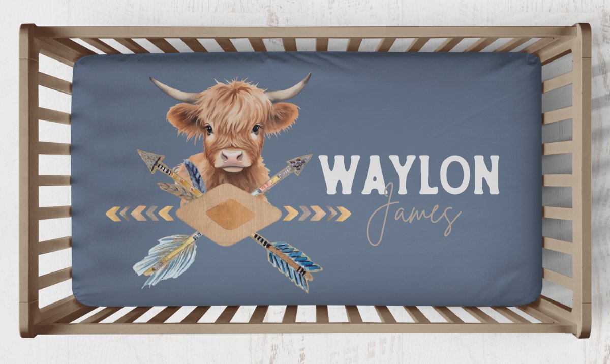 Blue Highland Cowhide & Cow Personalized Crib Bedding - Blue Highland Cow, gender_boy, text