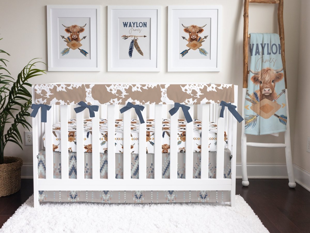 Blue Highland Cowhide & Ikat Personalized Crib Bedding - Blue Highland Cow, gender_boy, text