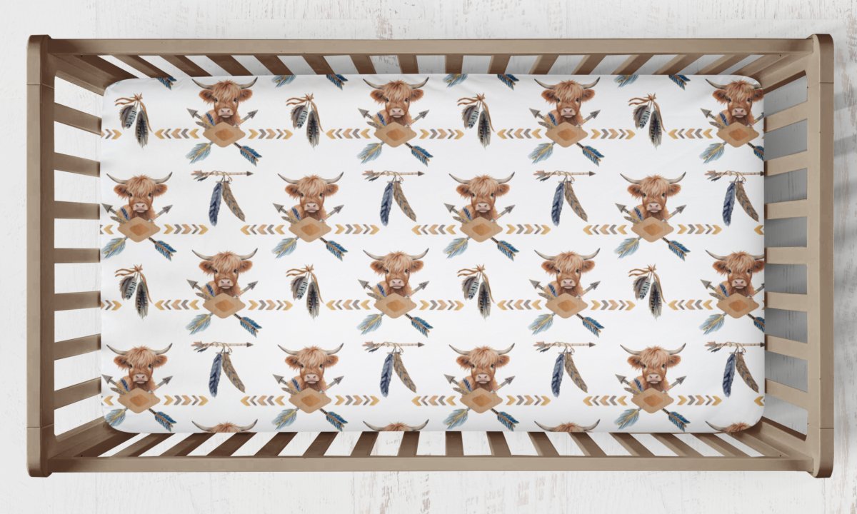 Blue Highland Cowhide & Ikat Personalized Crib Bedding - Blue Highland Cow, gender_boy, text