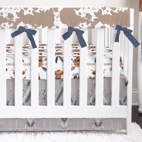 Blue Highland Cowhide & Ikat Personalized Crib Bedding - Blue Highland Cow, gender_boy, text