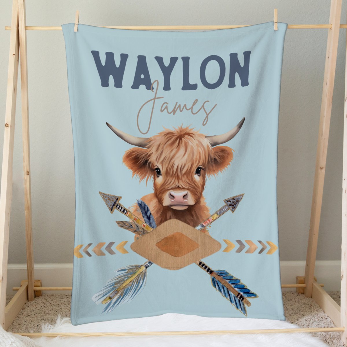 Blue Highland Cowhide & Ikat Personalized Crib Bedding - Blue Highland Cow, gender_boy, text