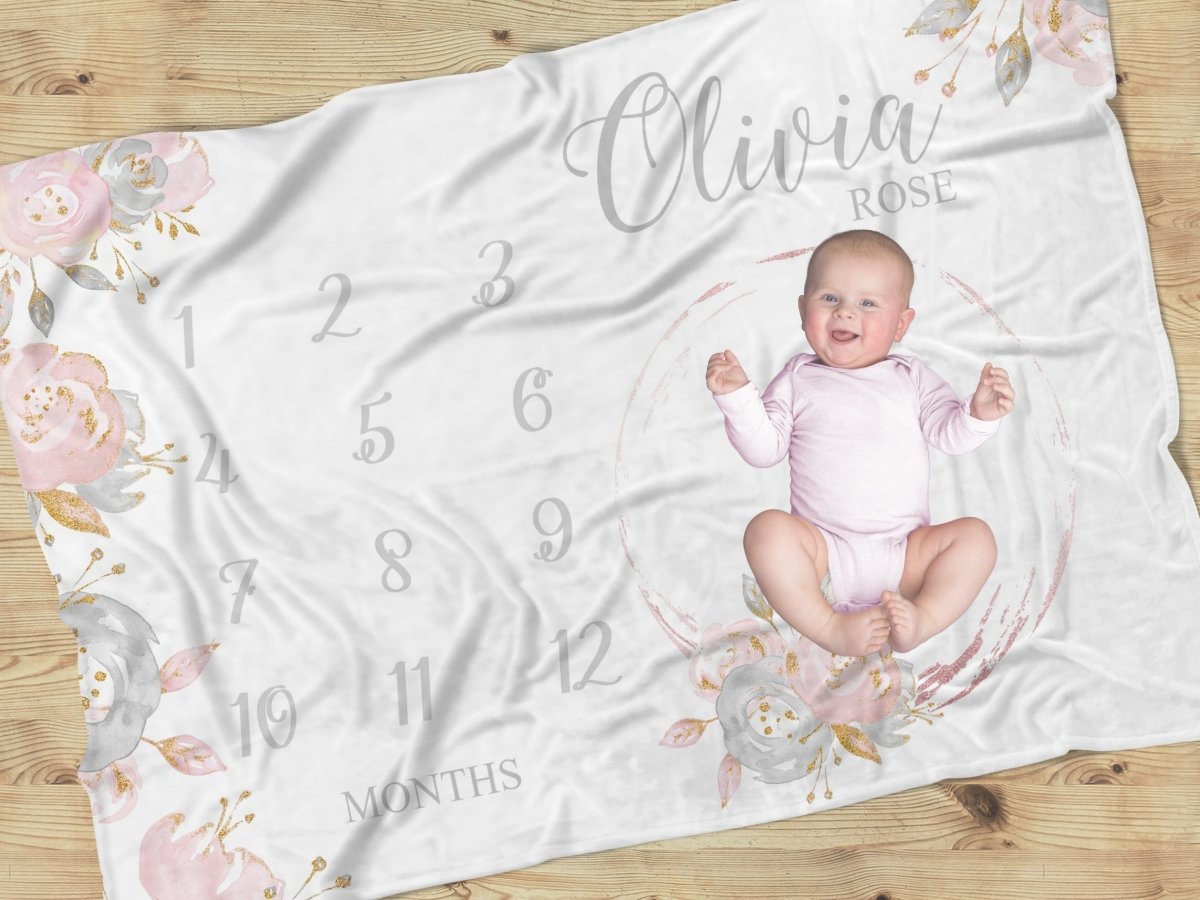 Blush Gold Floral Milestone Blanket - Blush Gold Floral, gender_girl, text