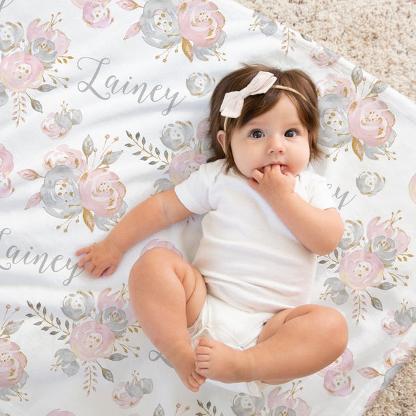 Blush Gold Floral Personalized Baby Blanket - Minky Blanket
