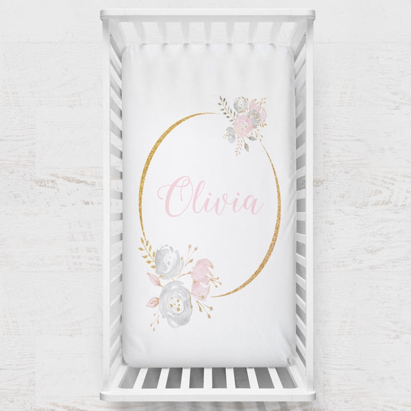 Blush Gold Floral Personalized Crib Sheet - gender_girl, Personalized_Yes, text