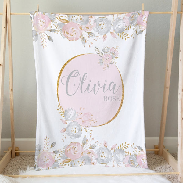 Blush Gold Floral Personalized Minky Blanket
